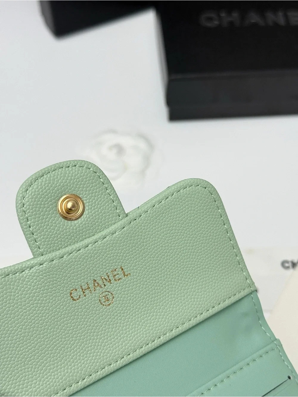 CHANEL Mint Quilted Caviar Leather Wallet with Gold CC